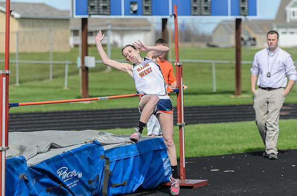 Photos from the girls track meet on April 22, 2013 in Carthage. Bradee in mid-high jump